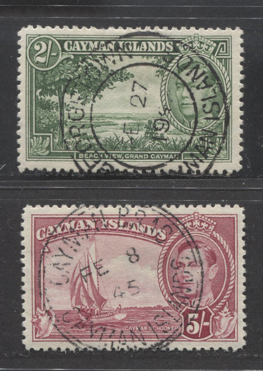 Lot 359 Cayman Islands SC#109-110 1938-1950 King George VI Pictorial Definitive Issue, Yellow Green & Carmine Lake Printings, With February 27, 1942 and February 8, 1945 Cayman Brac CDS Cancels, 2 VF Used Singles, Estimated Value $35