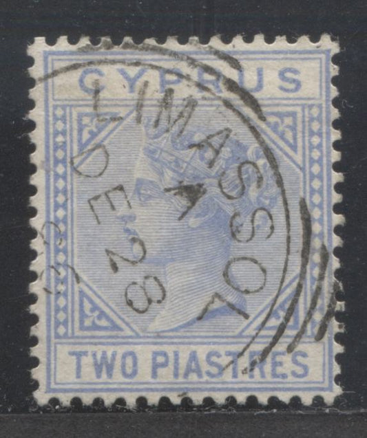 Lot 361 Cyprus SC#13 2pi Ultramarine 1881 Queen Victoria Keyplates, Wmk Crown CC, With December 28, 1886 Limassol Squared Circle Cancel, A VF Used Single, Click on Listing to See ALL Pictures, 2022 Scott Classic Cat. $37.5