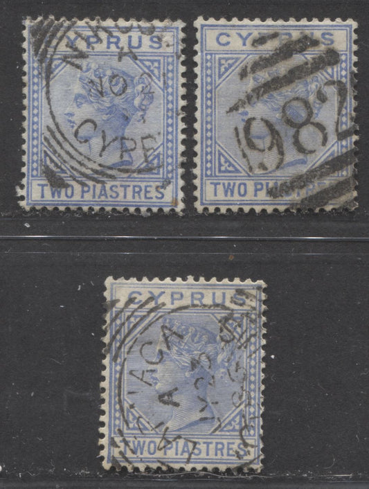 Lot 363 Cyprus SC#22 2pi Ultramarine 1882-1894 Queen Victoria Keyplates, Dies A & B, All With SON Larnaca, Nikosia & 982 Barred Numeral Cancels, 3 Fine & VF Used Singles, Click on Listing to See ALL Pictures, 2022 Scott Classic Cat. $10.2