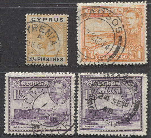 Lot 364 Cyprus SC#78-147A 1921-1944 King George V Keyplates & King George VI Pictorial Issue, Script CA Wmk, All With SON Cyrenia, Limassol, Costa and Arsos CDS Cancels, 4 VF Used Singles, Click on Listing to See ALL Pictures, Estimated Value $10