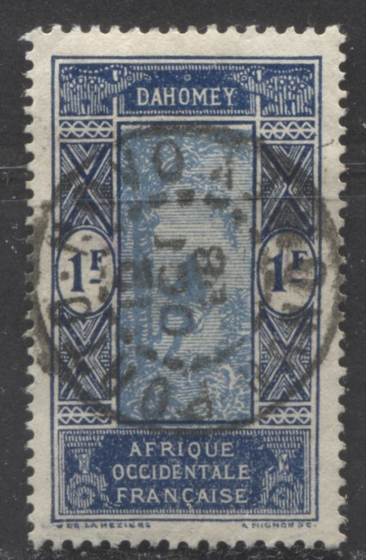 Lot 367 Dahomey SC#76 1f Dark Blue & Ultramarine 1913-1939 Man Climbing Oil Palm Keyplates, With SON October 12, 1928 Porto Novo CDS Cancel, A VF Used Single, Click on Listing to See ALL Pictures, Estimated Value $3