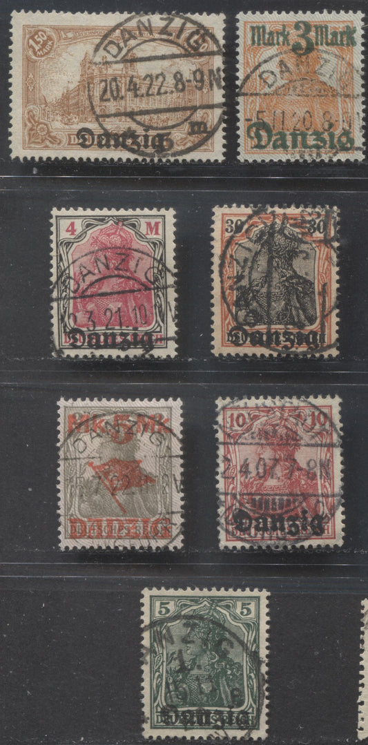 Lot 369 Danzig SC#1-29 1920 Overprinted Germania Issues, All With SON Danzig Favour and Postal Cancels, 7 VF Used Singles, Click on Listing to See ALL Pictures, 2022 Scott Classic Cat. $33.1