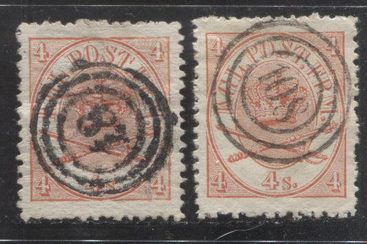 Lot 372 Denmark SC#13 4S Red 1864-1868 Royal Emblems, Both With 3-Ring Numeral Cancels: 87 For Logumkloster and 108 for Skodborghuus, 2 VF Used Single, Click on Listing to See ALL Pictures, Estimated Value $20