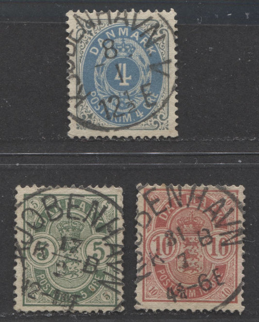 Lot 374 Denmark SC#26-39 1875-1888 Numeral & Arms Issues, All watermarked Crown, Larger Corner Letters, All With SON Copenhagen Cancels, 3 VF Used Singles, Click on Listing to See ALL Pictures, Estimated Value $10