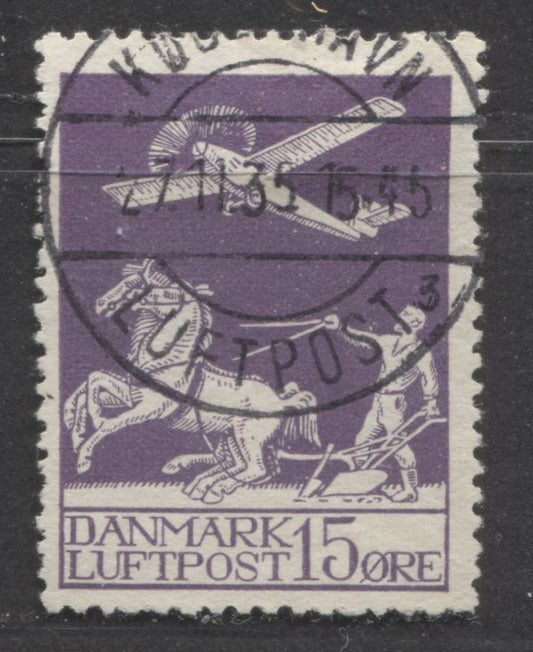 Lot 375 Denmark SC#C2 15 Ore Violet 1925 Airmail, SON November 27, 1935 Kopenhagen Cancel, A Fine Used Single, Click on Listing to See ALL Pictures, Estimated Value $55
