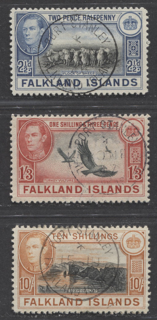Lot 378 Falkland islands SC#87-95 1938-1946 King George VI Pictorial Definitives, All With SON Port Stanley CDS Cancels, 3 VF Used Singles, Click on Listing to See ALL Pictures, 2022 Scott Classic Cat. $67.1