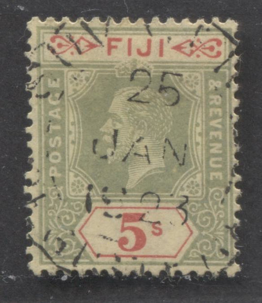 Lot 379 Fiji SC#90 5/- Green & Scarlet on Yellow 1912-1923 King George V Imperium Keyplates, With SON January 25, 1923 Suva CDS cancel, A VG Used Single, Click on Listing to See ALL Pictures, Estimated Value $12