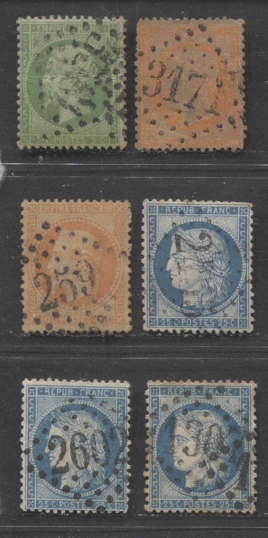 Lot 382 France SC#23/58 1862-1873 Napoleon III & Ceres Keyplate Issue, All With SON Diamond Dotted Numeral Cancels, 6 VG & Fine Used Singles, Click on Listing to See ALL Pictures, Estimated Value $10