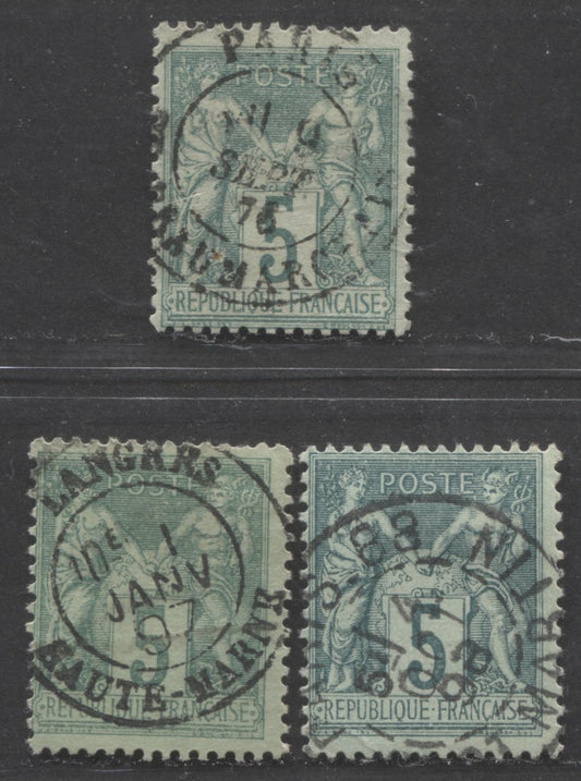 Lot 383 France SC#67/78 1876-1878 Peace & Commerce Issue, Types 1 and 2, Cancelled With SON Town CDS Cancels, 3 Fine Used Singles, Click on Listing to See ALL Pictures, Estimated Value $25