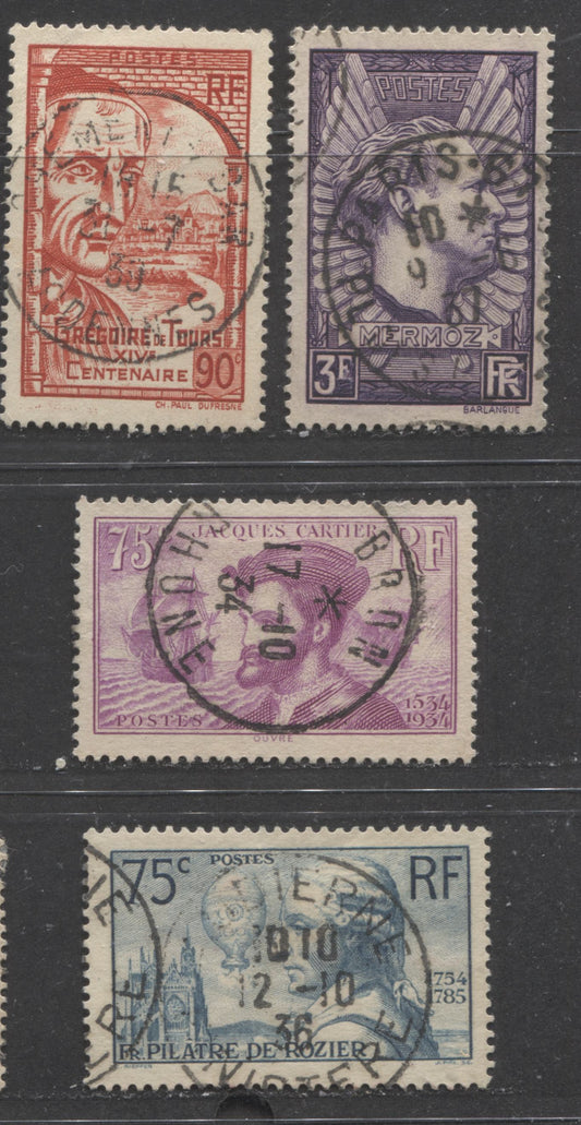 Lot 384 France SC#296/389 1934-1939 Discovery of Canada - St. Gregory of Tours, All Cancelled With SON CDS Town Cancels, 4 VF Used Singles, Click on Listing to See ALL Pictures, 2022 Scott Classic Cat. $10.05
