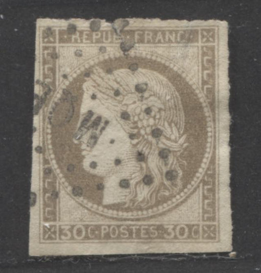 Lot 385 French Colonies SC#22 30c Grey Brown on Yellowish 1872-1877 Imperf Ceres Issue, Cancelled With Clear "MQE" in Diamond of Dots, For Martinique, A VF Used Single, Click on Listing to See ALL Pictures, Estimated Value $25