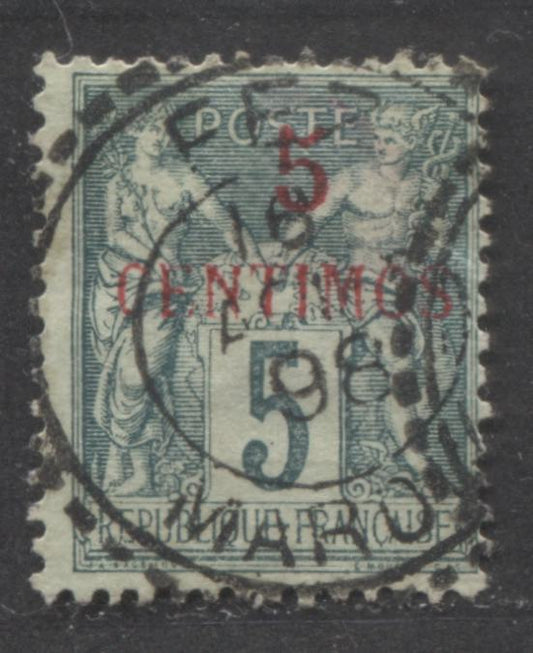 Lot 386 French Morocco SC#1 5c on 5c Green on Greenish 1891-1900 Overprinted Peace & Commerce Issue, SON August 6, 1898 Fez CDS Cancel, A VG Used Single, Click on Listing to See ALL Pictures, Estimated Value $2