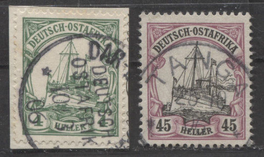 Lot 389 German East Africa SC#23a/28 1905 Kaiser Yachts, Heller Currency, Unwatermarked, Both With SON Cancels, 2 VF Used Singles, Click on Listing to See ALL Pictures, 2022 Scott Classic Cat. $39