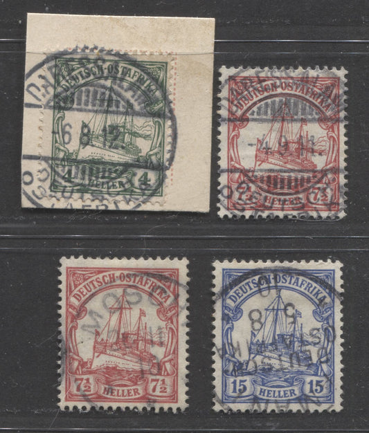 Lot 390 German East Africa SC#32-34 1905-1916 Kaiser Yachts, Heller Currency, Lozenges Wmk, All With SON Cancels, 1 On Piece, 4 VF Used Singles, Click on Listing to See ALL Pictures, Estimated Value $10