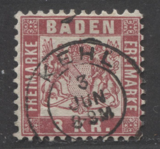 Lot 391 Germany - Baden SC#27 3Kr Deep Rose 1868 Arms Issue, SON June 3 Kehl CDS (Year Not Visible), A VF Used Single, Click on Listing to See ALL Pictures, Estimated Value $10