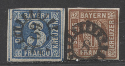 Lot 392 Germany - Bavaria SC#2-3 1849 Numeral Issue With Broken Circle, With SON Cogwheel Numeral Cancels, 2 Fine Used Singles, Click on Listing to See ALL Pictures, Estimated Value $55