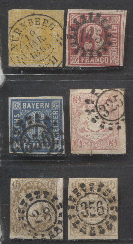 Lot 395 Germany - Bavaria SC#9/20 1862-1868 Numeral Issue With Complete Circle & Arms Issue, With SON Cogwheel Numeral & CDS Cancels, 6 VG & Fine Used Singles, Click on Listing to See ALL Pictures, Estimated Value $35