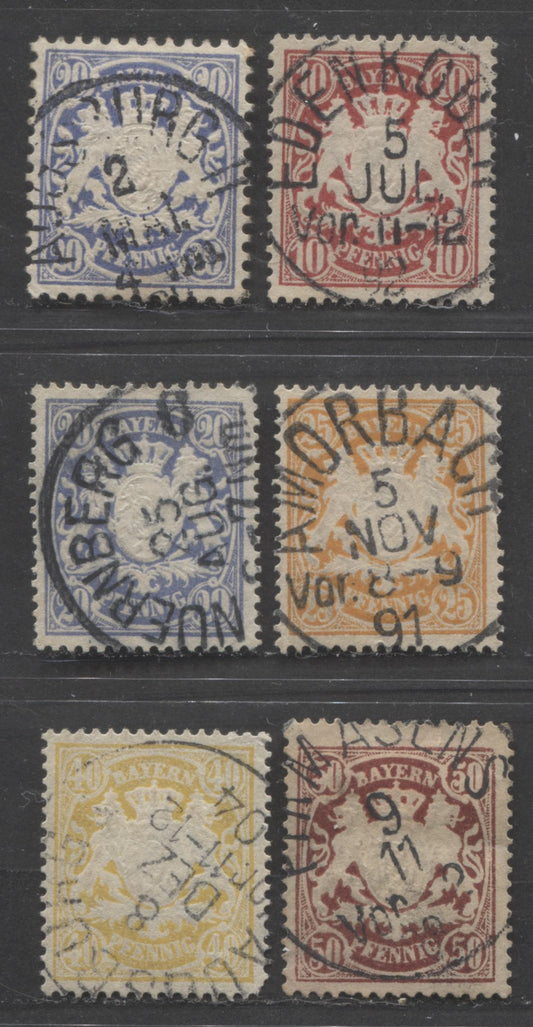 Lot 396 Germany - Bavaria SC#51/70a 1881-1911 Embossed Arms Issue, Vertican Wavy Line Wmk, Perf. 11.5 & Horizontal Wavy Line Wmk, Perf. 14 x 14.5, With SON Town Cancels, 6 VF Used Singles, Click on Listing to See ALL Pictures, Estimated Value $10