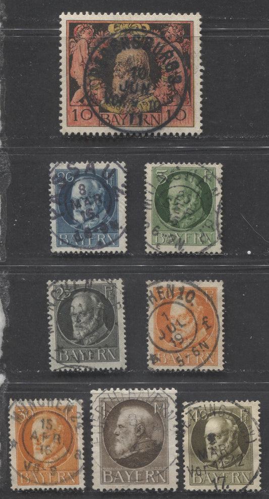 Lot 398 Germany - Bavaria SC#93/109 1914-1920 King Ludwig III Issue, Wartime Printings With SON Postal Town Cancels, 8 Fine & VF Used Singles, Click on Listing to See ALL Pictures, 2022 Scott Classic Cat. $16.4