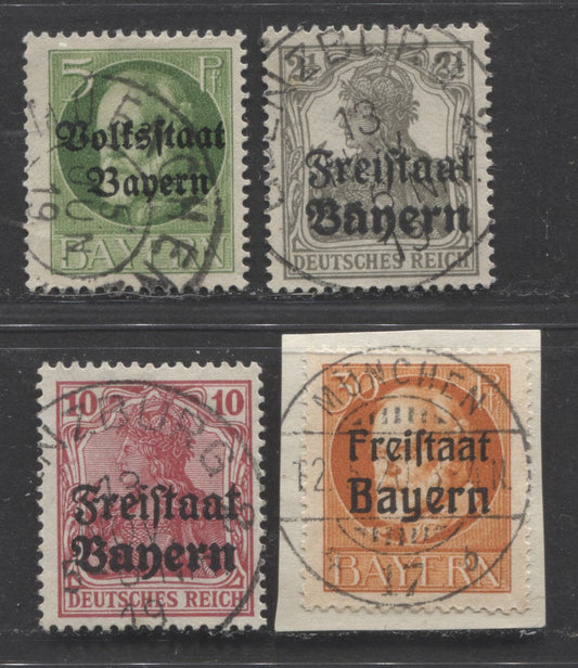 Lot 399 Germany - Bavaria SC#137/200 1919-1920 Overprinted Germania & Ludwig III Issues, All With SON Postal Cancels, Including One On Piece, 4 VF Used Singles, Click on Listing to See ALL Pictures, 2022 Scott Classic Cat. $8