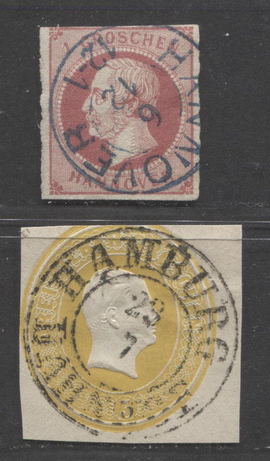 Lot 401 Germany - Hamburg & Hanover SC#19/GAA3 1859-1861 King George V Issue & Frederik William IV, With SON Hannover and Hamburg CDS Cancels, 2 VG Used Singles, Click on Listing to See ALL Pictures, Estimated Value $10