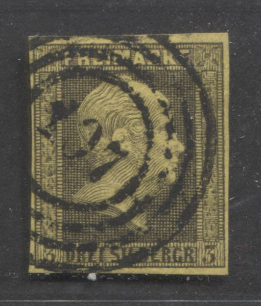 Lot 402 Germany - Prussia SC#5 3sg Black on Yellow 1850-1856 King Frederik William IV, With SON #107 4-Ring Numeral Cancel, A F/VF Used Single, Click on Listing to See ALL Pictures, Estimated Value $10