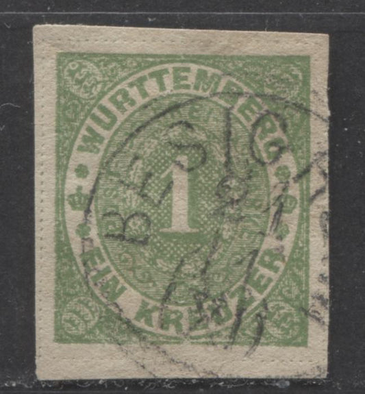Lot 404 Germany - Wurttenburg SC#47 1kr Yellow Green 1869-1873 Numeral Issue, With SON November 11, Besigh CDS, A VF Used Single, Click on Listing to See ALL Pictures, 2022 Scott Classic Cat. $2.4