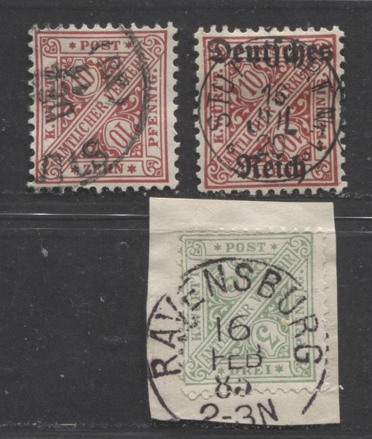 Lot 405 Germany - Wurttenburg SC#O95/O177 1881-1920 Numeral Official Issues, With Partial and SON Cancels, 3 VG, F and VF Used Singles, Click on Listing to See ALL Pictures, Estimated Value $6