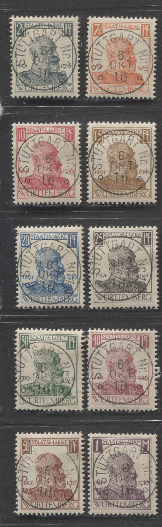Lot 406 Germany - Wurttenburg SC#O136-O145 1916 King Wilhelm II Official Issue, With Identical SON October 6, 1916 CDS Cancels, 10 VF Used Singles, Click on Listing to See ALL Pictures, Estimated Value $15
