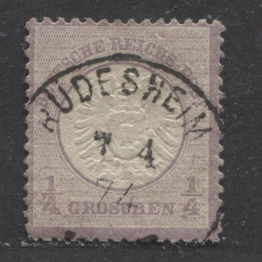 Lot 411 Germany SC#14 1/4g Violet 1872 Eagle & Large Shield Issue, SON April 7, 1874 Rudesheim CDS, A Fine Used Single, Click on Listing to See ALL Pictures, Estimated Value $55