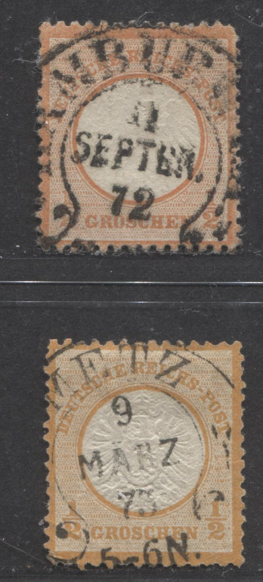 Lot 412 Germany SC#16 1/2gr Orange & Red Orange 1872 Eagle & Large Shield Issue, With SON September 11, 1872 Hamburg and March 9, 1873 Metz CDS Cancels, 2 Fine & VF Used Singles, Click on Listing to See ALL Pictures, Estimated Value $20