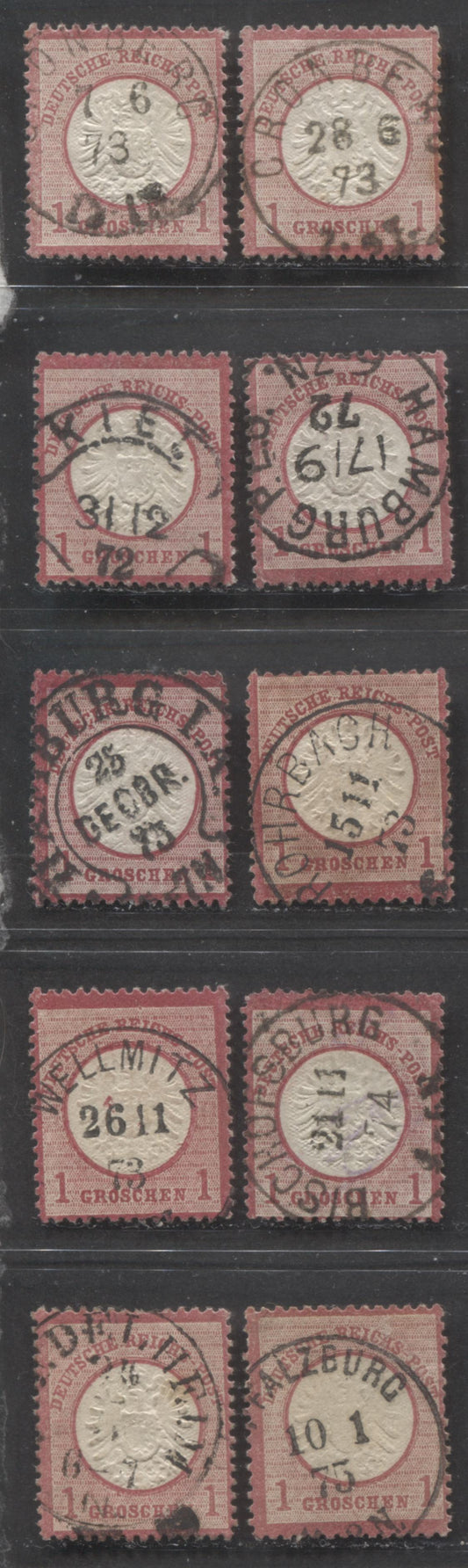 Lot 413 Germany SC#17 1g Deep Rose 1872 Eagle & Large Shield Issue, All With SON Town Cancels, 10 VG, F and VF Used Singles, Click on Listing to See ALL Pictures, Estimated Value $35