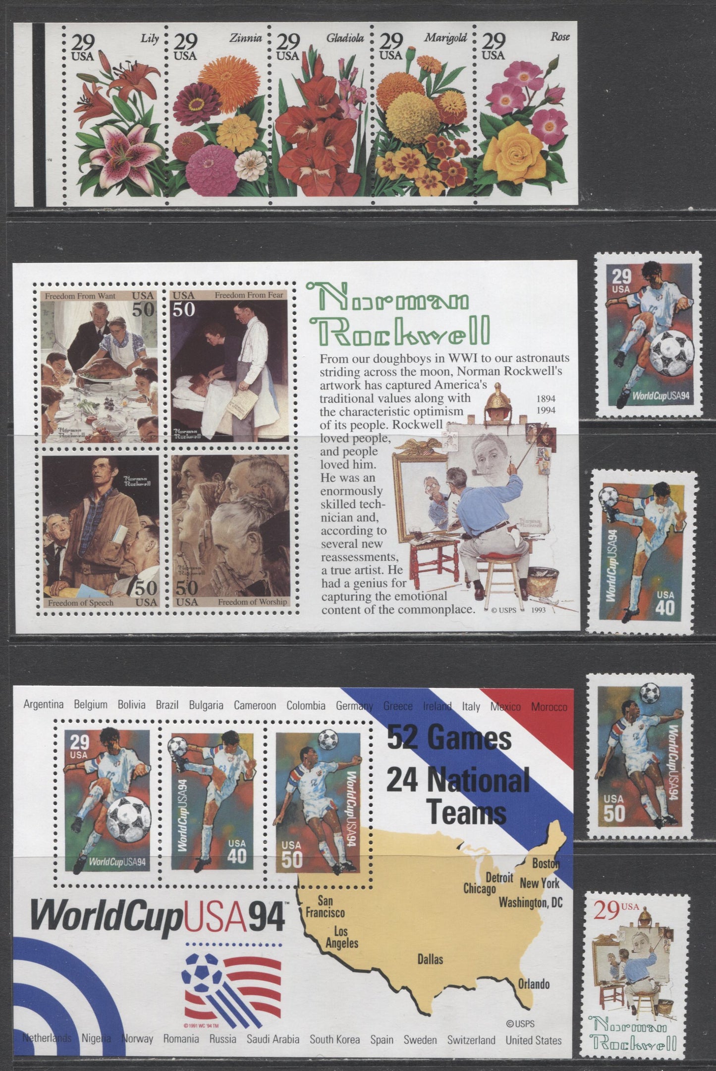 Lot 51 United States SC#2833a/2840 1994 Garden Flowers, World Cup & Norman Rockwell Issues, 7 VFNH Singles, Souvenir Sheets & Strip Of 5, Click on Listing to See ALL Pictures, 2017 Scott Cat. $15