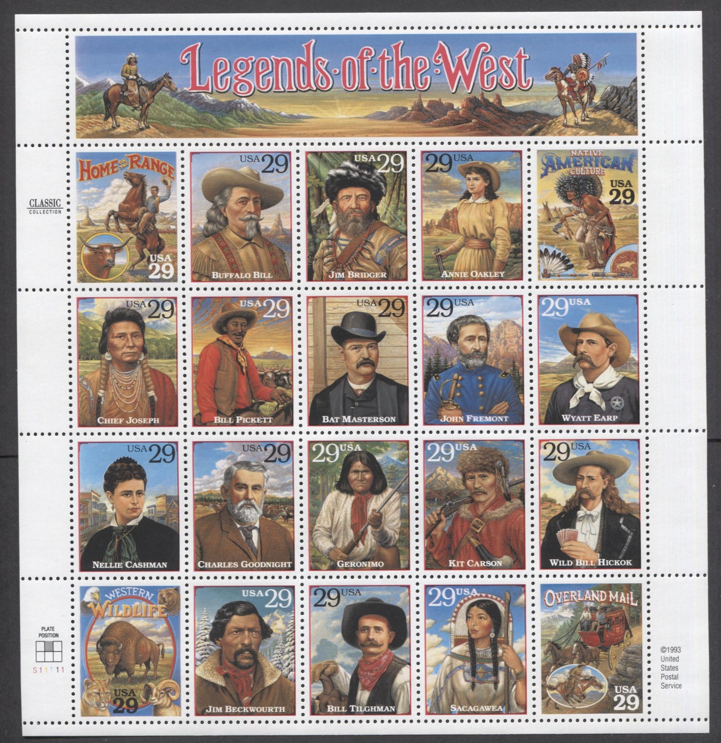 Lot 55 United States SC#2869 29c Multicolored 1994 Legends Of The West Issue, A VFNH Souvenir Sheet Of 20, Click on Listing to See ALL Pictures, 2017 Scott Cat. $15