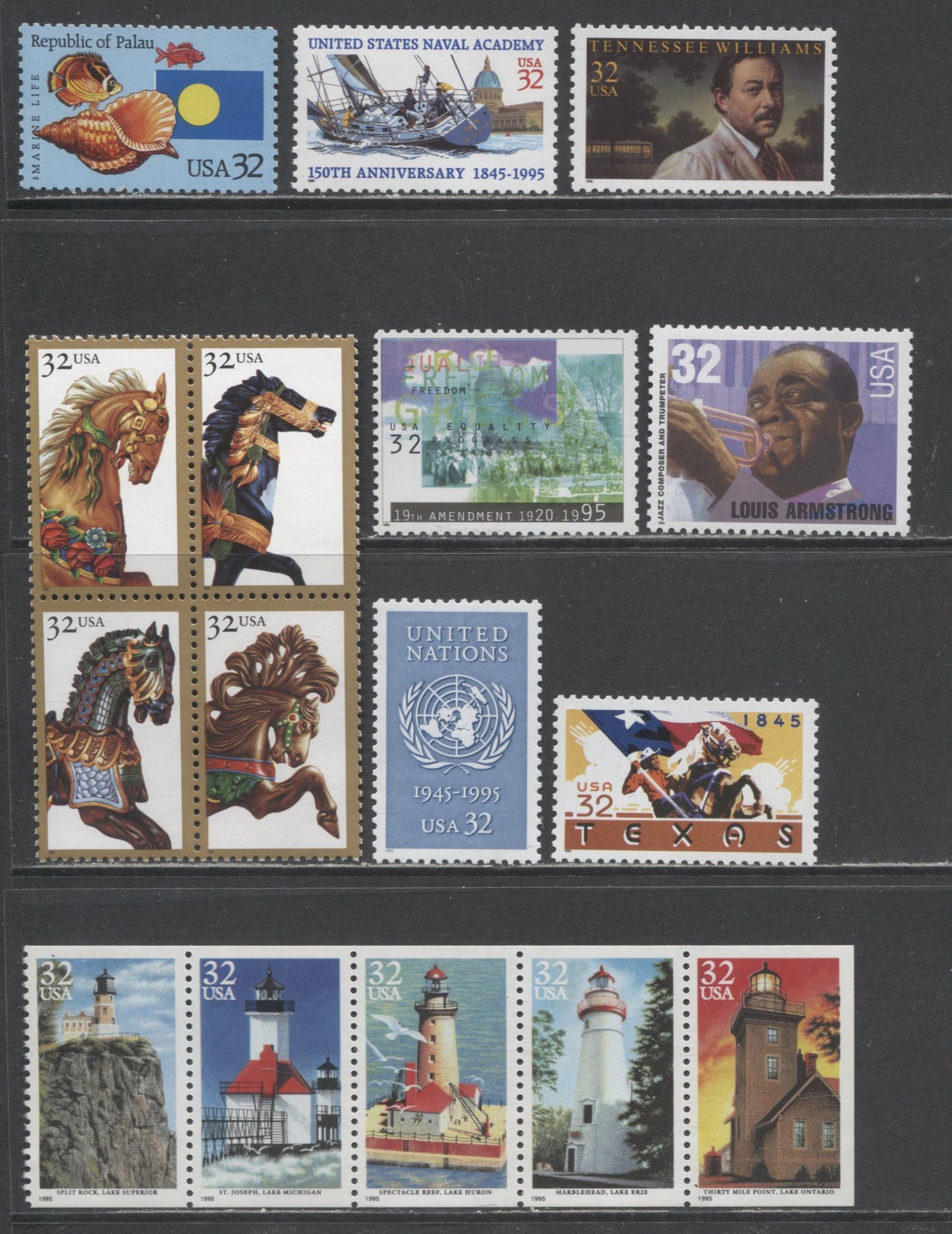 Lot 60 United States SC#2968/3002 1995 Texas Statehood, Lighthouses, UN, Carosel Horses, Womens Suffrage, Music, Palau & US Naval Admiral Williams Issues, 9 VFNH Singles, Block Of 4 & Strip Of 5, 2017 Scott Cat. $12.45