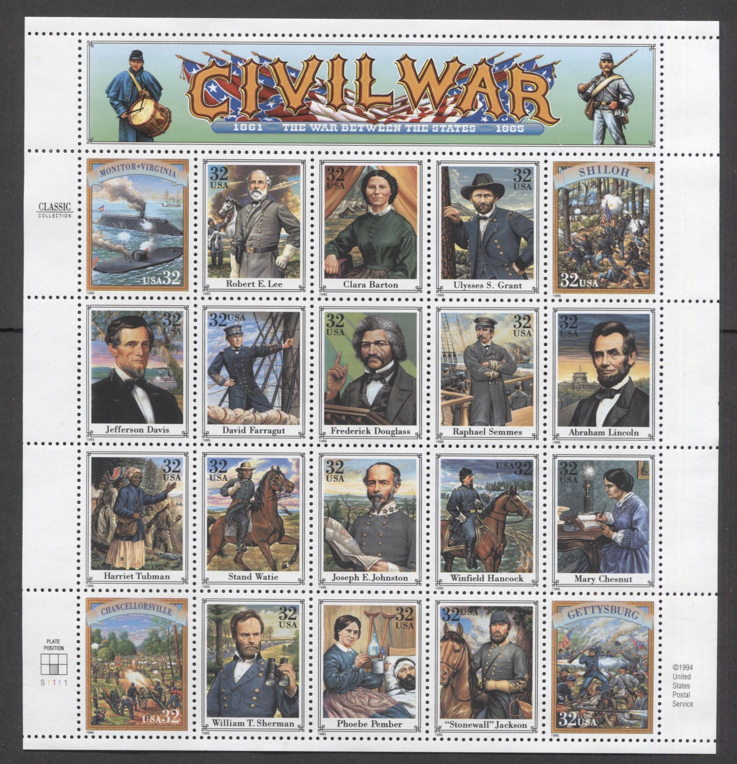 Lot 61 United States SC#2975 32c Multicolored 1995 Civil War Issue, A VFNH Sheet Of 20, Click on Listing to See ALL Pictures, 2017 Scott Cat. $32.5