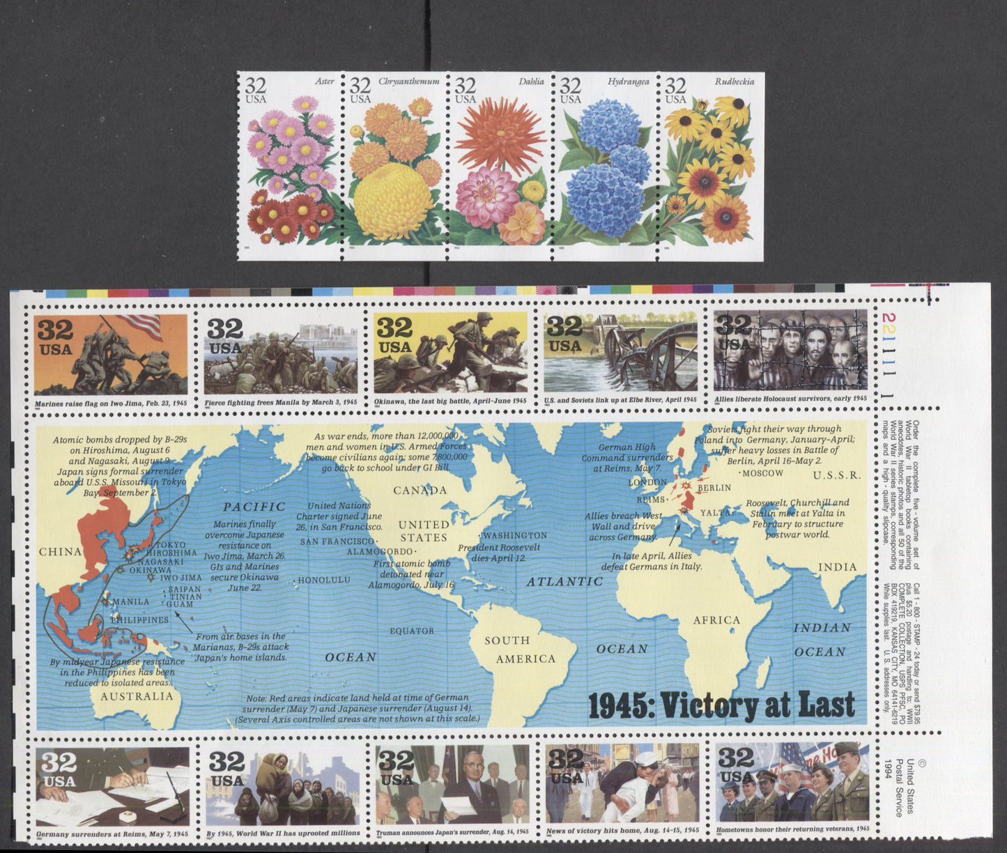 Lot 62 United States SC#2981/2997a 1995 WWII & Garden Flowers Issues, 2 VFNH Strip Of 5 & Block Of 10, Click on Listing to See ALL Pictures, 2017 Scott Cat. $18.25