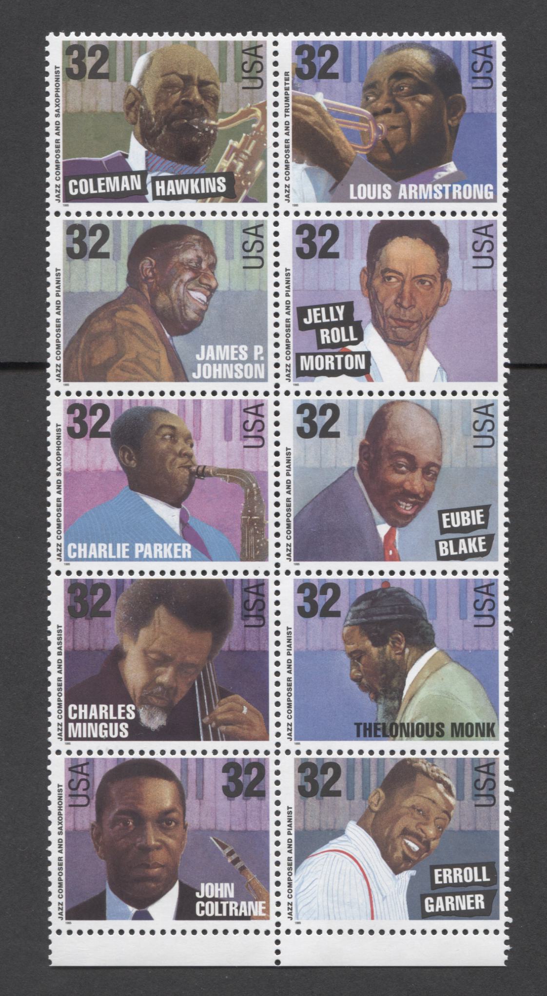 Lot 63 United States SC#2992a 32c Multicolored 1995 American Music Issue, A VFNH Block OF 10, Click on Listing to See ALL Pictures, 2017 Scott Cat. $23