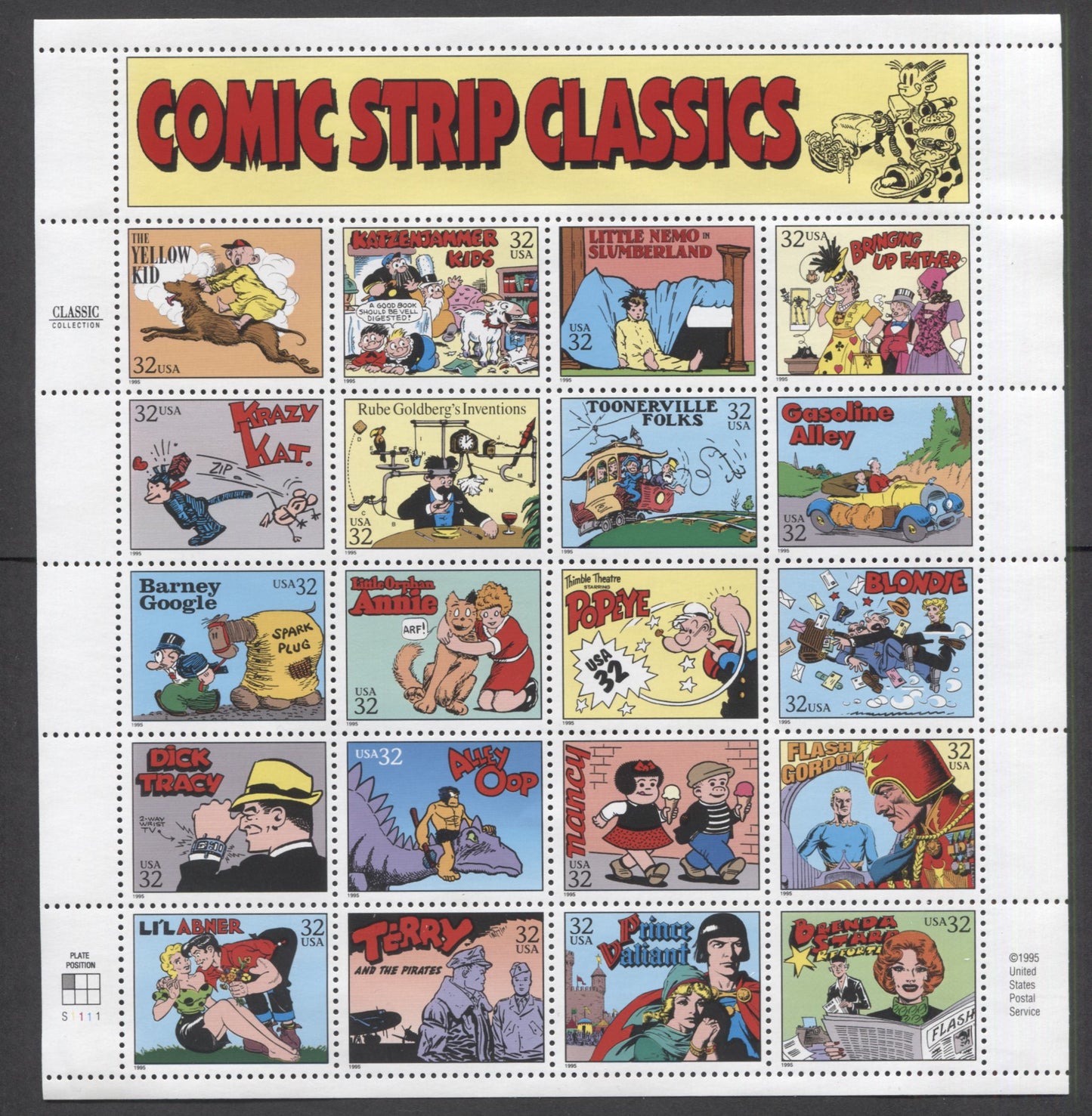 Lot 64 United States SC#3000 32c Multicolored 1995 Comic Strips Issue, A VFNH Sheet Of 20, Click on Listing to See ALL Pictures, 2017 Scott Cat. $13