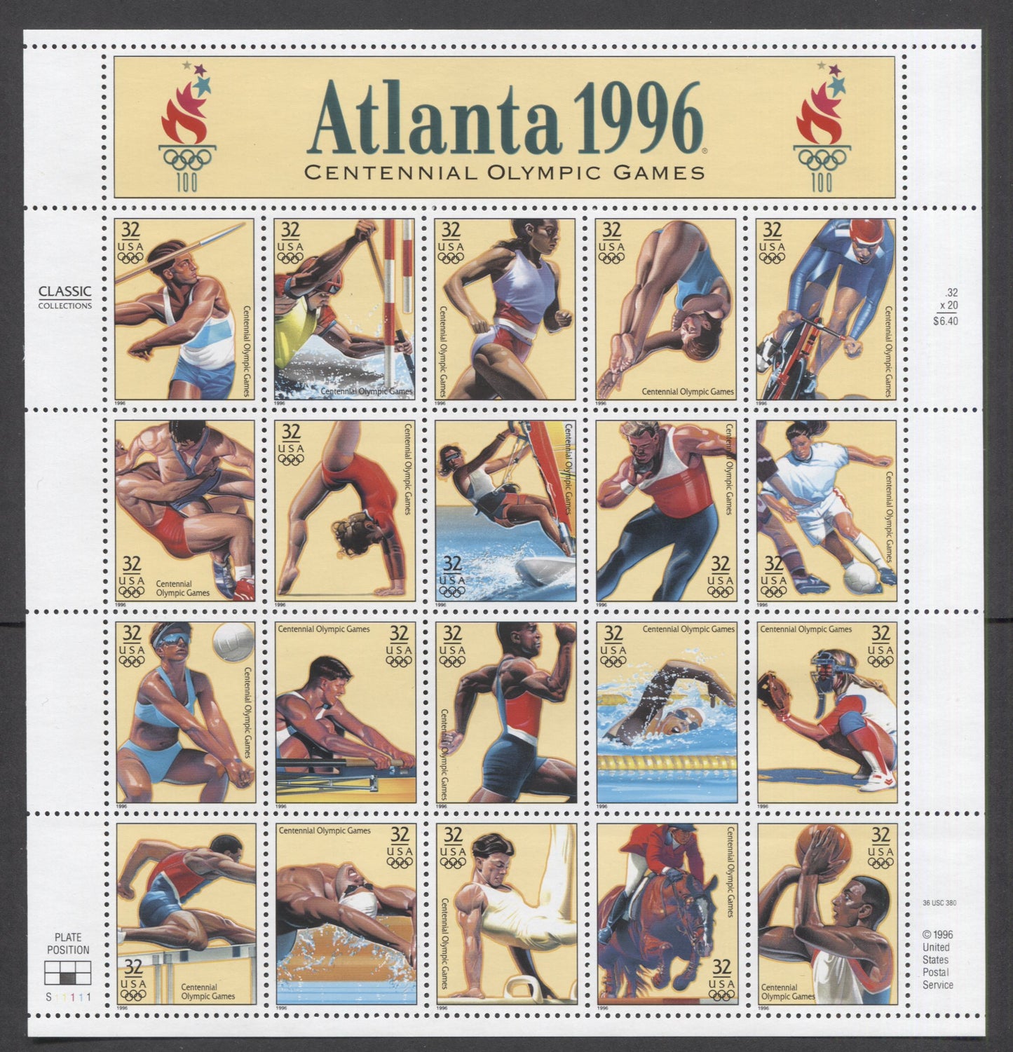 Lot 66 United States SC#3068 32c Multicolored 1996 Summer Olympics Issue, A VFNH Sheet Of 20, Click on Listing to See ALL Pictures, 2017 Scott Cat. $14