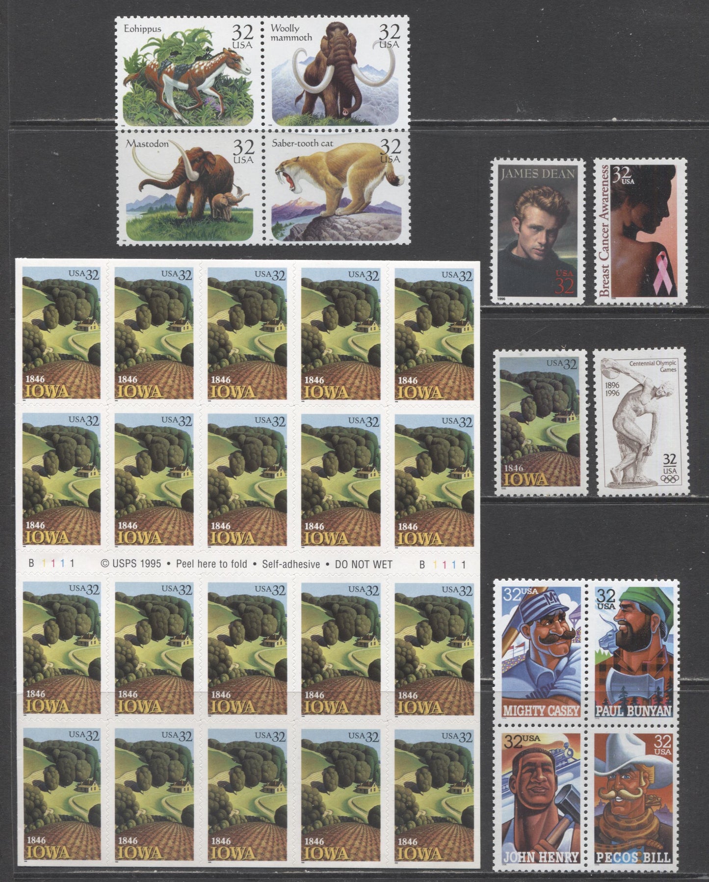 Lot 67 United States SC#3080a/3089a 1996 Prehistoric Animals, Breast Cancer Awareness, Legends Of Hollywood, Folk Heroes, Centennial Olympics & Iowa Issues, 7 VFNH Singles, Block Of 4 & 20, Click on Listing to See ALL Pictures, 2017 Scott Cat. $21.05