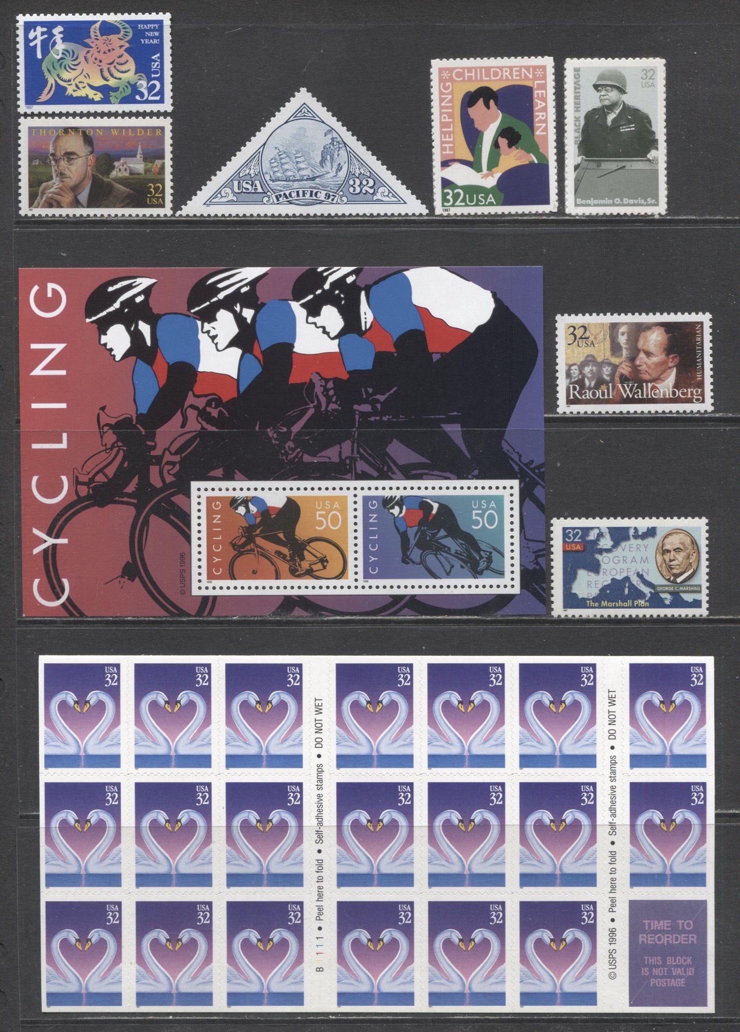 Lot 69 United States SC#3119/3141 1996-1997 Cycling, Chinese New Year, Black Heritage, Helping Children Learn, Pacific 97, Literary Arts, Wallenberg, Marshall Plan & Love Issues, 9 VFNH Singles, Booklet Of 20 & Souvenir Sheet, 2017 Scott Cat. $20.5
