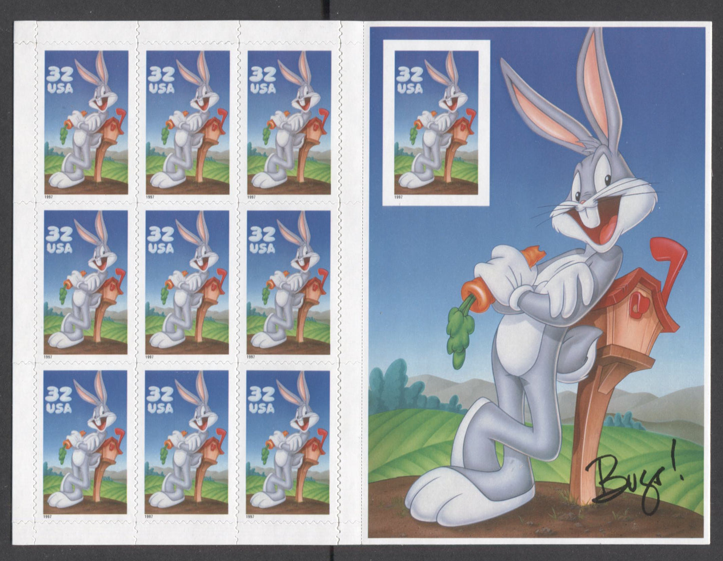Lot 74 United States SC#3138 32c Multicolored 1997 Bugs Bunny Issue, Die Cutting Extendeds Through The Backing Paper, A VFNH Imperf Sheet Of 10, Click on Listing to See ALL Pictures, 2017 Scott Cat. $175