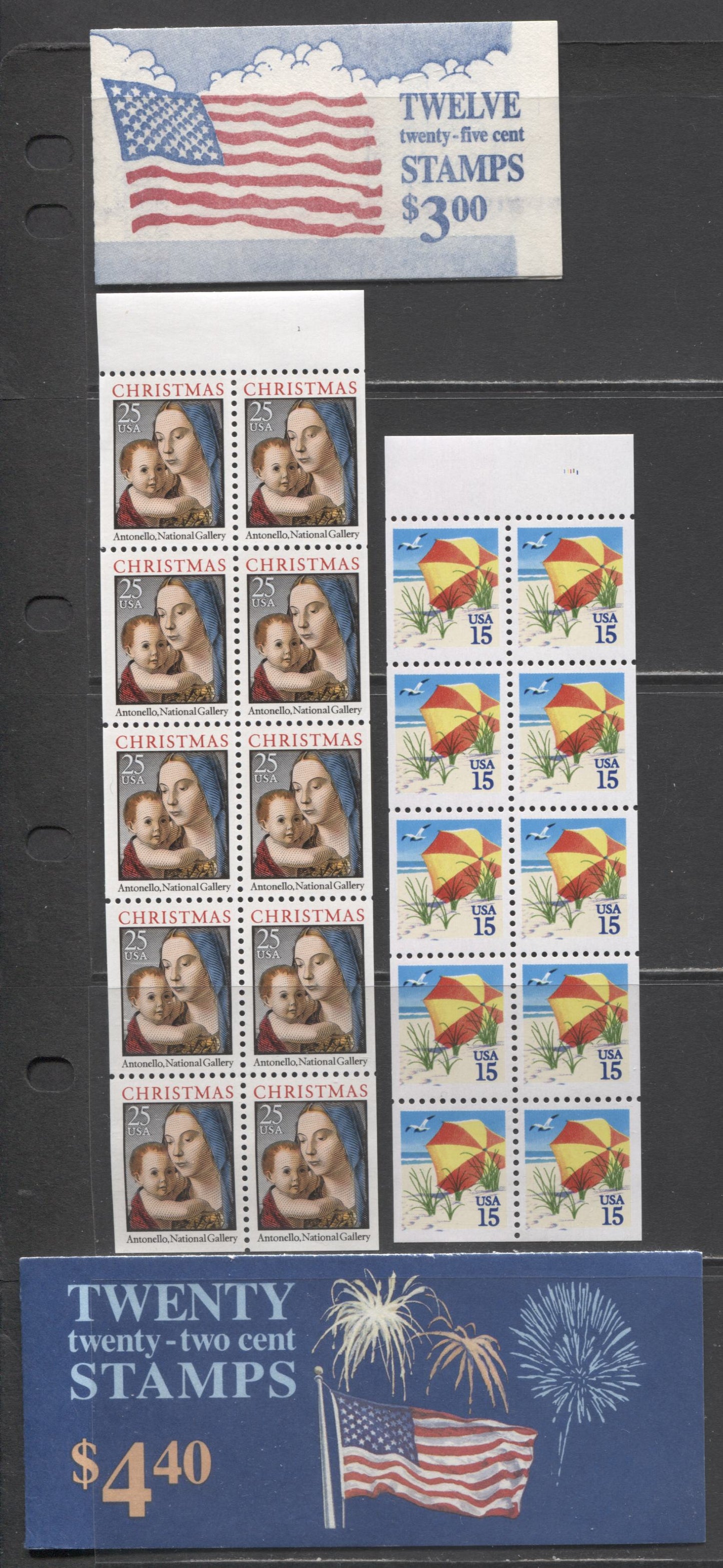 Lot 77 United States SC#2276a/2514b 1987-1990 Flags, Beach Umbrella & Christmas Issues, 4 VFNH Blocks Of 10 And Booklets Of 12 & 20, Click on Listing to See ALL Pictures, 2017 Scott Cat. $21.5