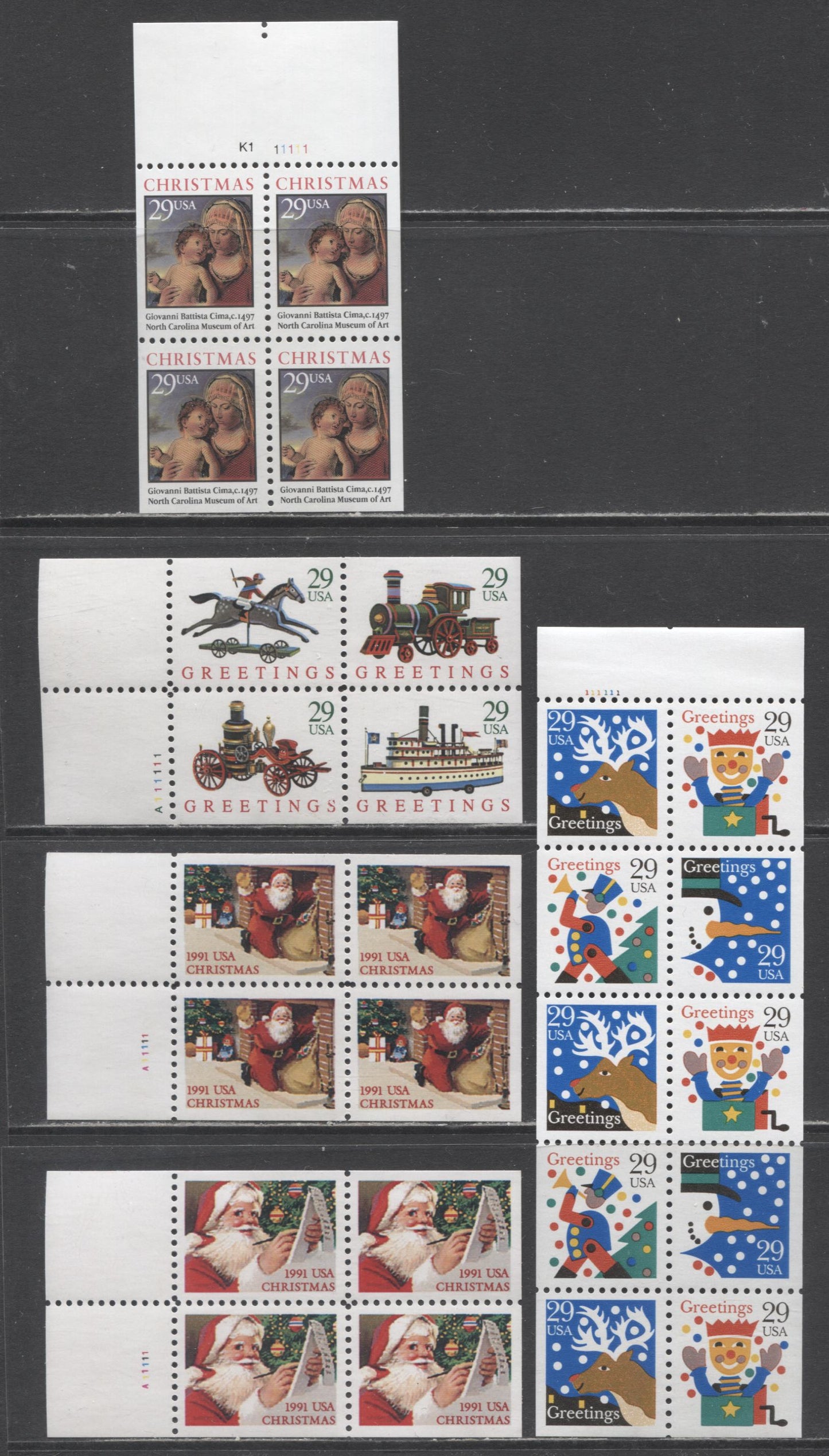 Lot 84 United States SC#2582a/2798a 1991-1993 Christmas Issues, 5 VFNH Blocks Of 4 & 10, Click on Listing to See ALL Pictures, 2017 Scott Cat. $19.2