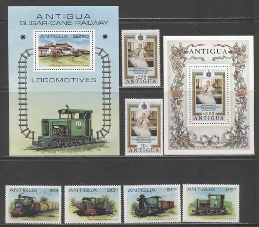 Lot 130 Antigua SC#584/606 1980-1981 Queen Mother 80th Birthday - Sugar-Cane Railway Diesel Locomotive Issues, 8 VFNH Singles & Souvenir Sheets, Click on Listing to See ALL Pictures, 2017 Scott Cat. $11.4