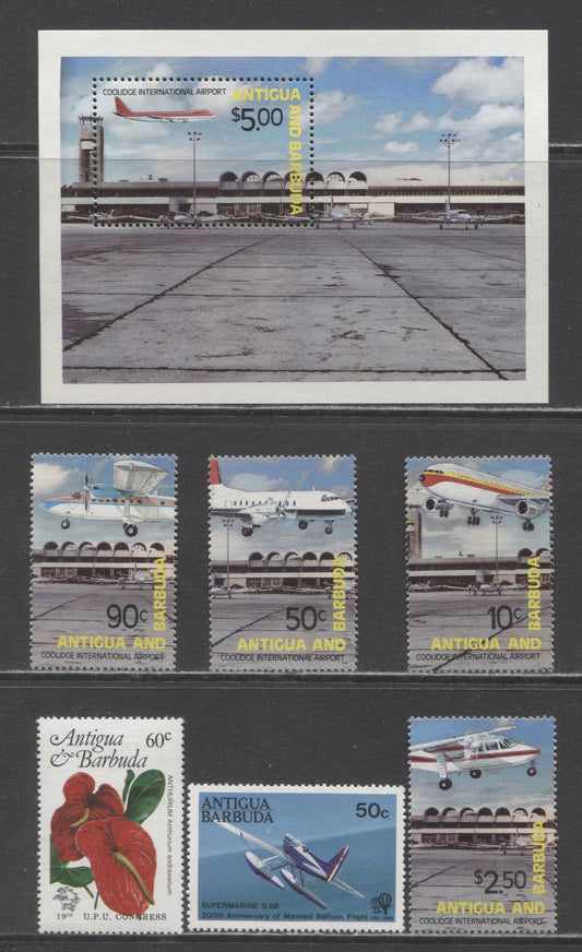 Lot 134 Antigua SC#653/757 1982-1984 Coolidge International Airmport, Manned Flight Bicentenary & Local Flowers Issues, 7 VFNH Singles & Souvenir Sheet, Click on Listing to See ALL Pictures, 2017 Scott Cat. $11.05