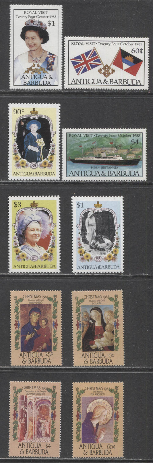 Lot 136 Antigua SC#866A/908 1985 State Visit Of Elizabeth II, Queen Mother 85th Birthday & Christmas Issues, 10 VFNH Singles, Click on Listing to See ALL Pictures, 2017 Scott Cat. $14.85