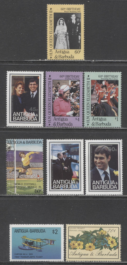 Lot 137 Antigua SC#916/1033 1986-1987 Queen Elizabeth II 60th Birthday/Transportation Issues, 9 VFNH Singles, Click on Listing to See ALL Pictures, 2017 Scott Cat. $12.35