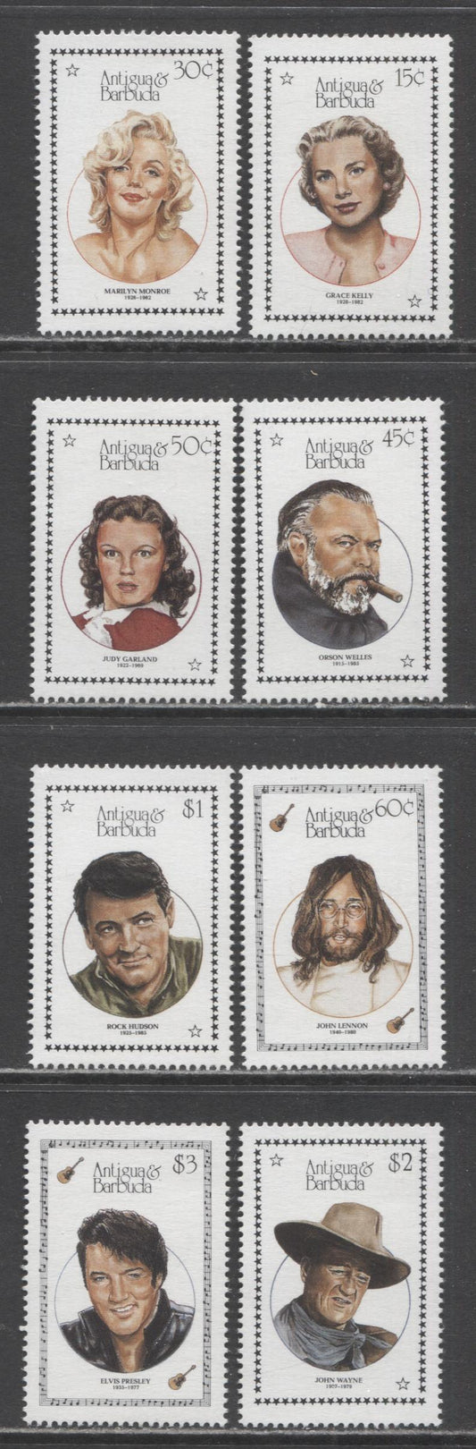 Lot 139 Antigua SC#1040-1047 1987 Entertainers Issue, 8 VFNH Singles, Click on Listing to See ALL Pictures, 2017 Scott Cat. $25.05